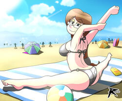 1girls ass back backboob beach bikini black_eyes breasts brown_hair butt female female_only glasses half-closed_eyes lady_ace looking_at_viewer looking_back ocean original_character raishags sideboob smile solo solo_female solo_focus stretching sunscreen swimsuit swimwear the_loud_house towel