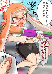 animal_humanoid anthro bangs bike_shorts blue_footwear blunt_bangs blurry blurry_background blush cephalopod cephalopod_humanoid commentary_request constricted_pupils controller disembodied_limb embarrassed fangs female flat_chest heart highres holding holding_remote_control holding_weapon humanoid inkling inkling_girl kaori_(splatoon) knees_together_feet_apart leg_up long_hair mask_(marking) midriff_peek navel nintendo nose_blush open_mouth orange_eyes orange_hair pointy_ears pseudo_hair remote_control remote_control_vibrator roruri sex_toy shiny shiny_clothes shiny_hair shiny_skin shirt shoes short_sleeves sidelocks skindentation solo_focus speech_bubble splatoon splatoon_(series) splattershot_(splatoon) squid standing standing_on_one_leg steam steaming_body suction_cups surprised sweat talking tears tentacle tentacle_hair translation_request trembling twintails very_long_hair vibrator vibrator_under_clothes wavy_mouth weapon white_shirt wide-eyed