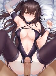 1boy arm_strap armpits arms_up ass azur_lane bangs bare_shoulders bed_sheet black_choker black_legwear black_panties blush breasts brown_eyes brown_hair censored center_opening choker cleavage closed_mouth clothed_female_nude_male clothing_cutout collarbone commentary_request cowboy_shot criss-cross_halter dark-skinned_male dark_skin earrings erection eyebrows_visible_through_hair female garter_straps hair_between_eyes hajika halterneck hand_up highres imminent_penetration jewelry long_hair looking_at_viewer lying medium_breasts mosaic_censoring navel navel_cutout nude on_back on_bed panties pelvic_curtain penis pillow pov presenting race_queen side_ponytail sidelocks skindentation solo_focus spread_legs straight thighhighs underwear very_long_hair wrist_cuffs zuikaku_(azur_lane) zuikaku_(the_wind's_true_name)_(azur_lane)