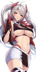 1girls 2021 absurdres azur_lane bangs blush breasts closed_mouth eyebrows_visible_through_hair female female female_focus female_only highres large_breasts looking_at_viewer multicolored_hair navel official_alternate_costume oserotto prinz_eugen_(azur_lane) prinz_eugen_(final_lap)_(azur_lane) red_hair silver_hair simple_background skirt solo solo_female streaked_hair thighhighs thighs two-tone_skirt two_side_up underboob white_background yellow_eyes