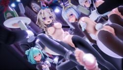 amane_kanata bunny_ears bunnysuit censored diyinyiyou_(artist) green_hair holoforce hololive hololive_fantasy hololive_gen_2 hololive_gen_5 hololive_japan mosaic_censoring murasaki_shion omaru_polka red_eyes reverse_bunnysuit small_breasts stockings uruha_rushia virtual_youtuber