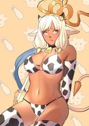 1girls absurdres animal_ears animal_print ash_(fire_emblem) bell bikini black_horns brown_eyes choker cow_ears cow_girl cow_horns cow_print cowbell cowboy_shot dark-skinned_female dark_skin ear_piercing elbow_gloves female female_only fire_emblem fire_emblem_heroes gloves highres holding holding_staff horns navel nintendo piercing pout pouty_lips shynrinn silver_hair staff swimsuit thighhighs year_of_the_ox