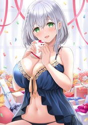 1girls 2021 babydoll bangs bare_arms bare_shoulders belly_button black_panties blush box braid breasts cleavage confetti eyebrows_visible_through_hair female female_focus female_only flower gift gift_box green_eyes gurami_(zl_gmimo) hair_between_eyes highres holding holding_box hololive hololive_fantasy hololive_japan large_breasts looking_at_viewer medium_hair midriff navel negligee open_mouth panties red_flower red_ribbon ribbon shirogane_noel silver_hair smile solo solo_female underwear upper_body virtual_youtuber white_flower yellow_flower