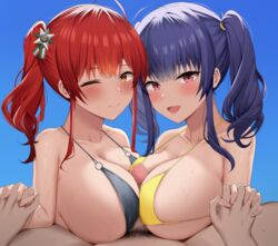 1boy 2girls :d ;) absurdres ahoge ariatorai azur_lane bangs bikini black_bikini blue_hair blush breast_press breasts censored clothed_female_nude_male eyebrows_visible_through_hair from_side group_sex highres holding_hands large_breasts light-skinned_female light-skinned_male light_skin looking_at_viewer male_pubic_hair micro_bikini mosaic_censoring multiple_girls multiple_paizuri nude o-ring o-ring_bikini one_eye_closed open_mouth orange_eyes paizuri penis pink_eyes pola_(azur_lane) pov pov_crotch pubic_hair red_hair sardegna_empire_(azur_lane) side_ponytail sidelocks skindentation smile straight strap_gap sweat swimsuit threesome twintails upper_body yellow_bikini zara_(azur_lane)