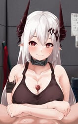 1boy absurdres arknights arm_strap artist_name bangs bare_arms bare_shoulders blush breasts cleavage collar collarbone completely_nude covered_nipples dated eyebrows_visible_through_hair female hammer highres horns indoors large_breasts long_hair looking_at_viewer mudrock_(arknights) nude oripathy_lesion_(arknights) oza_osuwari paizuri paizuri_under_clothes penis penis_under_another's_clothes pointy_ears red_eyes silver_hair solo_focus sports_bra spread_legs straight upper_body very_long_hair