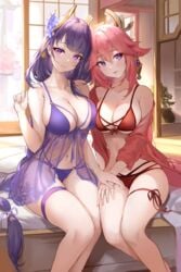 2girls bangs bare_shoulders bedroom bikini blue_flower blush braid braided_ponytail breasts cleavage duo duo_focus eyebrows_visible_through_hair feet_out_of_frame flower genshin_impact hair_between_eyes hair_flower hair_ornament hand_on_another's_thigh hand_on_hand hand_on_own_thigh hand_up highres large_breasts legs_together long_hair long_sleeves looking_at_viewer mole mole_under_eye multiple_girls navel off_shoulder on_bed open_clothes parted_lips pdxen pink_hair plant purple_bikini purple_eyes purple_hair raiden_shogun raised_eyebrows red_bikini see-through see-through_silhouette shouji sitting sliding_doors smile swimsuit symbol-only_commentary thigh_strap thighs very_long_hair vision_(genshin_impact) yae_miko