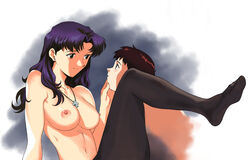 1boy 1girls absurdres age_difference black_hair black_legwear blue_hair bra breasts cross feet female highres human jewelry large_breasts legs light-skinned_female light_skin long_hair medium_breasts misato_katsuragi missionary missionary_position necklace neon_genesis_evangelion nipples older_female older_woman_and_younger_boy pantyhose purple_hair scar shinji_ikari short_hair soles straight teenage_boy teenager undressing yaomo_fu_ti young younger_male