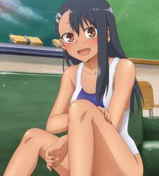 1girls 774_(nanashi) black_hair blush breasts brown_eyes clothed clothing couch female_focus female_only happy hayase_nagatoro hi_res long_hair looking_at_viewer open_mouth please_don't_bully_me,_nagatoro revealing_clothes screencap screenshot simple_background sitting skinny small_breasts smile solo swimsuit tanline tanned