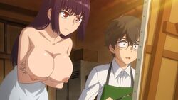 1boy 1girls 774_(nanashi) accurate_art_style big_breasts breasts brown_eyes classroom cleavage clothed clothing curvy glasses long_hair naoto_hachioji_(senpai) nipples nude_filter open_mouth please_don't_bully_me,_nagatoro president_(nagatoro) purple_hair red_eyes revealing_clothes sana_sunomiya schoolgirl screencap screenshot screenshot_edit short_hair simple_background thin_waist wide_hips