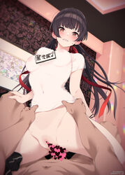 1boy black_hair blush bottomless breasts brown_eyes censored cowgirl_position female heart heart_censor highres idolmaster idolmaster_shiny_colors long_hair looking_at_viewer mayuzumi_fuyuko mizuki_makoto navel nipples parted_lips pov pussy see-through sex straddling straight sweat twintails vaginal_penetration