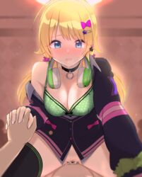 1boy arakumachikano blonde_hair blue_eyes blush bottomless breasts censored cleavage cowgirl_position cum cum_in_pussy earphones eyebrows_visible_through_hair female hachimiya_meguru hair_ornament highres holding_hands idolmaster idolmaster_shiny_colors long_hair low_twintails open_clothes open_mouth pubic_hair sex solo_focus spread_legs straddling straight thighhighs twintails vaginal_penetration