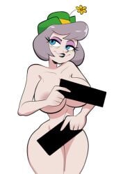 1girls 2023 2d animaniacs bedroom_eyes big_breasts biting_lip blue_eyes breasts censor_bar censoring_self female female_only grey_hair hat humanized newguy1091 nude slappy_squirrel smile