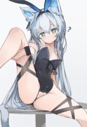 ? alternate_costume animal_ear_fluff animal_ears arknights ass breasts cameltoe cat_ears cat_tail crotchless crotchless_leotard expressionless female green_eyes grey_background grey_hair highres leg_lift lifted_by_self long_hair looking_at_viewer mikozin on_table oversized_breast_cup playboy_bunny pussy rabbit_ears rosmontis_(arknights) simple_background sitting small_breasts solo spread_legs table tail thigh_strap uncensored very_long_hair wristband