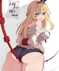 ass bare_shoulders black_panties blonde_hair blue_eyes bondage bound bound_arms drooling female hairband highres kantai_collection kurokoshou_(emuburemu123) long_hair open_mouth panties pussy_juice rope_walking solo tears translation_request trembling underwear warspite_(kantai_collection)