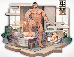 1boy abs alca animal_ears arm_hair bara beard black_hair bottle chest_hair chest_tattoo commission completely_nude creature facial_hair flaccid full_body gyee highres indoors jewelry large_pectorals leg_hair lion_boy lion_ears lion_tail looking_at_viewer male male_focus male_only male_pubic_hair mature_male muscular muscular_male navel navel_hair necklace nipples nude original pectorals penis peterhl pubic_hair red_eyes short_hair sideburns smile solo stomach tail tattoo thick_eyebrows thick_thighs thighs uncensored zaddy