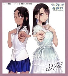 2girls 774_(nanashi) black_hair breasts brown_eyes clothed clothing crossover earrings female_focus female_only hayase_nagatoro japanese_text long_hair medium_breasts please_don't_bully_me,_nagatoro pointing pointing_at_viewer pose real_life revealing_clothes skirt smile tanned text translated uesaka_sumire wink