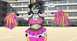 1girls 2019 anthro big_breasts black_hair breasts canine cheerleader cheerleader_uniform cleavage collar dalmatian electricfox777 female female_only furry mastergodai pippy_barkin pom_poms solo speech_bubble spotted_fur text thick_thighs thunderthighs wide_hips