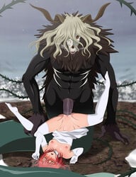 arm_gloves blush blushing bottomless breasts breasts_out bride canon_couple dress_down elias_ainsworth erection exposed_breasts gloves green_eyes hand_on_thigh hatori_chise horns interspecies legs_apart legs_up mahoutsukai_no_yome monster monster_cock monster_sex nipples no_bra no_panties penis petite pleasure_face pussy pussy_juice queen-zelda red_hair sex size_difference small_breasts straight the_ancient_magus_bride thighhighs uncensored upside_down vaginal_penetration vaginal_sex vulva wedding_dress wedding_night white_gloves white_thighhighs