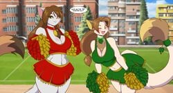 2020 2girls anthro big_breasts cheerleader cheerleader_uniform cleavage collar domestic_cat electricfox777 feline female female_only furry green_hair looking_at_viewer luck_(electricfox) maneki_(electricfox) mastergodai pom_poms speech_bubble tail text white_fur wink