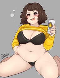 1girls beer belly_grab big_belly blush chubby cleavage drunk fat female large_breasts looking_at_viewer overweight overweight_female partially_clothed persona persona_5 sadayo_kawakami shirt_lift slimii smile solo thick_thighs underwear weight_gain