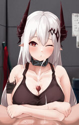 1boy ;o absurdres arknights arm_strap artist_name bangs bare_arms bare_shoulders blush breasts cleavage collar collarbone completely_nude covered_nipples cum cum_on_body cum_on_breasts cumming cumshot dated ejaculation eyebrows_visible_through_hair female hammer highres horns indoors large_breasts long_hair looking_at_viewer mudrock_(arknights) nude one_eye_closed oripathy_lesion_(arknights) outercourse oza_osuwari paizuri paizuri_under_clothes parted_lips penis penis_under_another's_clothes pointy_ears red_eyes silver_hair solo_focus sports_bra spread_legs straight upper_body very_long_hair