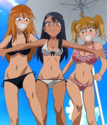 3girls 774_(nanashi) beach big_breasts bikini black_hair blonde_hair blush breasts brown_eyes cleavage clothed clothing curvy female_focus female_only gamo-chan hayase_nagatoro imminent_rape imminent_sex long_hair looking_at_viewer medium_breasts medium_hair navel orange_eyes orange_hair please_don't_bully_me,_nagatoro public revealing_clothes screencap screenshot smile tanline tanned wide_hips yoshi_(nagatoro)