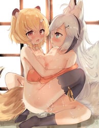 2girls ahe_gao akahaneko animal_ear_fluff animal_ears aqua_eyes bangs black_legwear blonde_hair blush breast_press breasts commission eyebrows_visible_through_hair fox_ears fox_tail hair_between_eyes hair_ornament hairclip hairpin long_hair looking_at_another looking_at_viewer medium_breasts multiple_girls multiple_tails naked_shirt nipple-to-nipple nipples nude open_clothes open_mouth open_shirt orange_shirt original pussy_juice red_eyes shirt short_hair silver_hair sitting skeb_commission socks spread_legs sweat symmetrical_docking tail thighhighs tribadism yuri