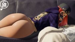 1girls 3d akali ass ass_focus blender blue_eyes bottomless butt_focus female_only gloves hat hoodie k/da_akali k/da_series laying_down league_of_legends looking_at_viewer mask middlemansfm phone red_hair riot_games tagme thighs