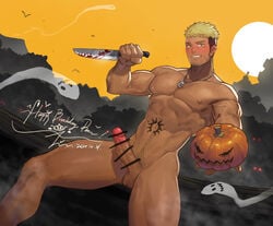 1boy abs bar_censor bara blonde_hair blood blush brown_hair censored commission completely_nude crescent_necklace dagger dark-skinned_male dark_skin dutch_angle ear_piercing erection facial_hair feet_out_of_frame ghost goatee halloween happy_birthday holding holding_dagger holding_weapon jack-o'-lantern jin_(sirius-j) jockstrap knife large_pectorals looking_at_viewer male_focus male_underwear male_underwear_peek mature_male multicolored_hair muscular muscular_male navel nipples nude orange_male_underwear original pectorals piercing romg scar scar_across_eye scar_on_cheek scar_on_face short_hair sideburns solo spiked_hair stomach stomach_tattoo tattoo thick_eyebrows thick_thighs thighs two-tone_hair undercut underwear weapon