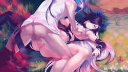 1boy armpits bangs belt black_belt black_hair black_legwear black_sleeves breast_grab breasts censored day detached_sleeves dragon_break_x female game_cg grabbing grin hair_over_one_eye horns large_breasts long_hair lying mosaic_censoring multicolored_hair nipples official_art on_back outdoors penis pussy red_eyes sex shiny shiny_hair shirt silver_hair single_thighhigh sleeveless sleeveless_shirt smile spread_legs swept_bangs testicles thighhighs torn_clothes torn_legwear torn_sleeves two-tone_hair vaginal_penetration very_long_hair white_shirt