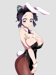 alternate_costume big_breasts black_hair breasts breasts_out bunny_ears bunny_tail bunnysuit butterfly_hair_ornament demon_slayer detached_collar female female_only highleg_leotard kimetsu_no_yaiba kochou_shinobu looking_at_viewer necktie pantyhose purple_eyes smile solo two_tone_hair undersized_clothes walpurgis_(pixiv_id_53534477) wrist_cuffs