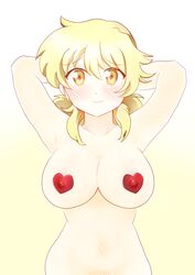 absurdres armpits arms_behind_head arms_up blonde_female blonde_hair blush breasts commission commissioner_upload dard_drak female female_only female_pubic_hair heart_pasties hidamari_sketch highres long_hair looking_at_viewer miyako nude pasties pubic_hair smile solo yellow_background yellow_eyes