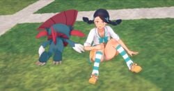 1girls 3d black_hair bow candice_(pokemon) clothed defeated female_only full_body fully_clothed human koikatsu looking_at_viewer miniskirt nintendo panties pantyshot pokemon pokemon_dppt poly_(artist) sitting_on_floor stockings striped_stockings twintails weavile