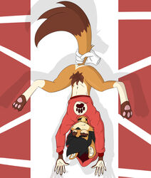 2021 anthro black_eyebrows black_hair black_nose brown_hands brown_tail canid canine disappointed fox furry gay highres holding holding_tail khazoo khevin male mammal necklace orange_eyes orange_tail pantless paw_print pawpads paws red_hood red_hoodie solo tagme upside_down vulpine white_ear_fluff youtube youtuber