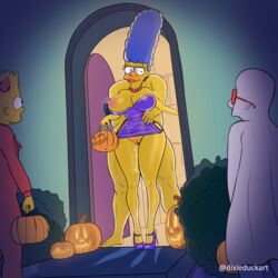 1girls 3boys alternate_breast_size areolae bart_simpson bedsheet bedsheet_ghost bottomless_skirt breasts casual cheating costume dixieduckart door erect_nipples female halloween halloween_costume high_heels house huge_breasts male male_with_female marge_simpson milhouse_van_houten nipples ntr public purple_dress pussy sex sex_from_behind skirt skirt_lift straight the_simpsons wide_hips