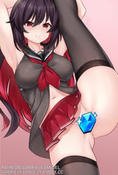 1girls ahoge alternate_costume babydoll bangs black_legwear breasts censored eyebrows_visible_through_hair fanbox_username female gabriel_evangel highres honkai_(series) honkai_impact_3rd lingerie long_hair microskirt midriff no_panties patreon_username red_eyes red_hair reward_available sailor_collar school_uniform seele_(alter_ego) seele_vollerei serafuku signature simple_background skirt smile solo split standing standing_on_one_leg standing_split underwear