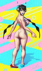 1girls areolae ass big_breasts blue_lipstick breasts elesa_(pokemon) eyeshadow female_only flats headphones large_breasts lipstick looking_at_viewer looking_back makeup nintendo nipples nude pokemon pokemon_bw pokemon_bw2 sideboob solo standing thick_thighs thighs twintails yonpii