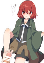 1other androgynous barefoot blush censor_bar censored censored_penis clothed coat feet footjob green_coat highres len'en mosaic_censoring ougi_hina penis red_eyes red_hair shitodo_hooaka short_hair shorts soles solo_focus toes translated