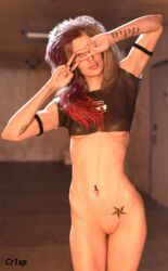 1girls 3d arm_tattoo blonde_hair bottomless cr1sp depth_of_field double_peace_sign double_v dyed_hair female female_only front_view hanneke_(cr1sp) long_hair looking_at_viewer navel_piercing nipple_bulge nipples_visible_through_clothing peace_sign posing red_hair slushe_(website) small_breasts solo solo_female standing tattoo tattoos text_tattoo thin two-tone_hair underboob v v_over_eye