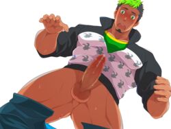 1boy ass_visible_through_thighs bara black_hair blush censored clothes_pull crow_(siranui) dark-skinned_male dark_skin embarrassed erection facial_hair from_below goatee green_hair human human_only jacket large_pectorals looking_at_viewer male_focus minotaur_print mosaic_censoring multicolored_hair muscular muscular_male no_male_underwear pants pants_pull partially_unzipped pectorals precum print_jacket short_hair sideburns solo taurus_mask thick_thighs thighs tokyo_afterschool_summoners two-tone_hair white_background