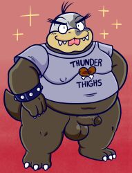 2022 anthro balls belly blep blush bottomless bracelet clothed clothing english_text erection foreskin genitals hi_res jewelry koopaling male male_only mario_(series) morton_koopa_jr. navel nintendo overweight penis shirt sinribbons solo t-shirt t-shirt_only text text_on_clothing text_on_shirt text_on_topwear tongue tongue_out topwear video_games