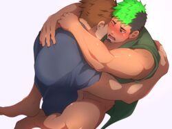 2boys bara black_hair blush bottomless censored cheek-to-cheek clothed_sex couple crow_(siranui) dark-skinned_male dark_skin emotional emotions facial_hair friends friendship from_above full_body gay goatee green_hair green_kimono heads_together highres hug human human_only implied_anal implied_sex japanese_clothes kimono love male male_focus male_only mosaic_censoring multicolored_hair multiple_boys muscular muscular_male naked_kimono open_clothes open_kimono protagonist_(tokyo_afterschool_summoners) protagonist_3_(tokyo_afterschool_summoners) rescue short_hair short_kimono sideburns taurus_mask thighs tokyo_afterschool_summoners torogao two-tone_hair white_background yaoi