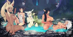 6+girls absurdres amaterasu_okami amaterasu_okami_(doggoxiv) animal_ears au_ra avatar_(ff14) bangs black_hair blonde_hair blunt_bangs breast_press breasts cat_ears cat_tail closed_eyes colored_skin commission completely_nude covering dark-skinned_female dark_skin delux dragon_horns dragon_tail drink elezen elf eyebrows_visible_through_hair eyeshadow facial_mark female_pubic_hair final_fantasy final_fantasy_xiv food forest futa_with_female futanari glasses green_hair green_skin grey_eyes highres horns huge_breasts hyur kissing large_breasts lilisette_illderthane long_hair looking_at_viewer lying makeup manu_(manu) marie_makise medium_breasts miqo'te moogle multicolored_hair multiple_girls nature navel nude nude_cover nysoph_ageskel on_back one_eye_closed onsen open_mouth outdoors penis pointy_ears ponytail pubic_hair rabbit_ears relaxed scales senkatsu_shino sex shino_senkatsu short_hair sitting standing tail towel tree two-tone_hair vaginal_penetration viera water whisker_markings white_hair yuri