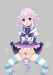 anal_beads blush bodysuit bodysuit_under_clothes choker corruption d-pad d-pad_hair_ornament dildo dress eyebrows_visible_through_hair female gozaru hair_between_eyes hair_ornament highres kami_jigen_game_neptune_v looking_at_viewer medium_hair mind_control neptune_(neptunia) neptunia_(series) open_mouth purple_dress purple_eyes purple_hair sex_toy short_sleeves sidelocks simple_background solo spread_legs vest