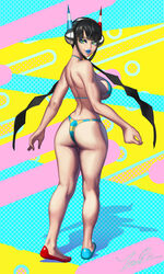 1girls ass big_breasts bikini blue_lipstick breasts elesa_(pokemon) eyeshadow female_only flats headphones large_breasts lipstick looking_at_viewer looking_back makeup nintendo pokemon pokemon_bw pokemon_bw2 sideboob solo standing thick_thighs thighs twintails yonpii