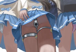 2d_(artwork) 3girls anal anal_object_insertion ass bag black_hair blue_skirt chastity chastity_belt commentary_request dildo_harness female female_chastity female_only from_behind from_below itou_tatsuya long_hair multiple_girls no_panties object_insertion original panties pink_panties pleated_skirt ponytail reward_available school_uniform serafuku shirt short_hair skirt underwear upskirt walking white_panties