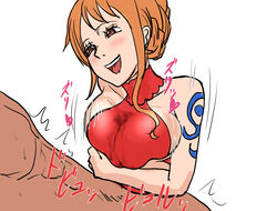 1girls arm_tattoo big_breasts blush boobjob brown_eyes clothed cum cum_stain cum_under_clothes eyelashes female hair_bun happy_sex head_tilt heart huge_breasts iwao178 long_hair loving_gaze male nami nude one_piece open_mouth orange_hair outercourse paizuri paizuri_under_clothes penis_hug red_dress sleeveless sleeveless_dress smile smiling tattoo titjob turtleneck_dress white_background whole_cake_island