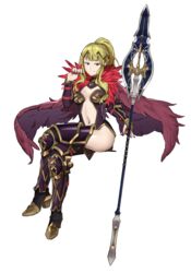 absurdres alternate_costume armor armored_boots armored_dress blonde_hair boots breasts cape circlet clair_(fire_emblem) cleavage clothing_cutout ebinku feathers female fire_emblem fire_emblem_echoes:_shadows_of_valentia full_body happy_female harrier_(fire_emblem) high_heel_boots high_heels highres invisible_chair legs_crossed long_hair looking_at_viewer medium_breasts nail_polish navel navel_cutout nintendo polearm ponytail purple_legwear red_nails simple_background sitting smile solo spear thigh_boots thighhighs thighs weapon white_background yellow_eyes