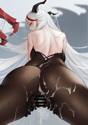 aegir_(azur_lane) ass azur_lane bangs bar_censor bare_shoulders black_panties blush bodystocking censored closed_mouth commentary_request cross cross_earrings cum cum_on_ass cum_on_back earrings eyebrows_visible_through_hair female from_below glassjill highres horns jewelry long_hair looking_at_viewer multicolored_hair panties pussy red_hair silver_hair solo spread_pussy streaked_hair underwear yellow_eyes