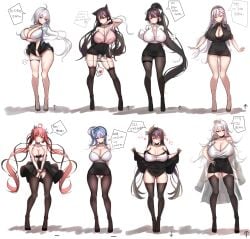 6+girls ahoge alternate_breast_size animal_ears atago_(azur_lane) azur_lane bangs bare_shoulders belfast_(azur_lane) black_dress black_hair black_legwear black_panties black_ribbon black_skirt blue_eyes blue_hair blush bow breast_lift breast_squeeze breasts brown_eyes choker cleavage cleavage_cutout closed_mouth clothes_lift clothing_cutout collarbone covered_navel covered_nipples crossed_bangs curvy dress extra_ears eyebrows_visible_through_hair floating_hair flower full_body garter_straps geonjeonji graf_zeppelin_(azur_lane) hair_between_eyes hair_flaps hair_flower hair_ornament hair_ribbon hairbow head_tilt heart highres honolulu_(azur_lane) huge_breasts illustrious_(azur_lane) korean_text lifted_by_self long_hair looking_at_viewer mask mask_on_head multiple_girls panties panty_pull pantyhose parted_lips partially_translated pasties pencil_skirt ponytail purple_eyes red_eyes red_hair ribbon shirt side-tie_panties sidelocks silver_hair simple_background skirt skirt_lift smile speech_bubble st._louis_(azur_lane) standing stockings swept_bangs taihou_(azur_lane) takao_(azur_lane) take_your_pick thick_thighs thigh_gap thigh_strap thighhighs thighs twintails underwear very_long_hair white_background white_bow white_hair white_ribbon white_shirt wide_hips